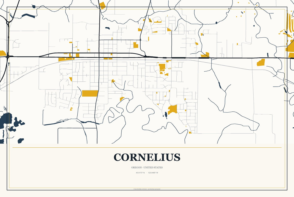 Cornelius, Oregon City Map Aluminum Sign in Citrine Modern style