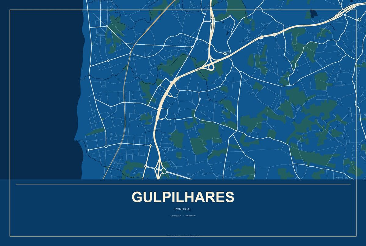 Gulpilhares, Portugal City Map Aluminum Sign in Harbor Cobalt style