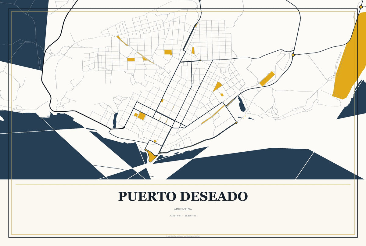 Puerto Deseado, Argentina City Map Aluminum Sign in Citrine Modern style