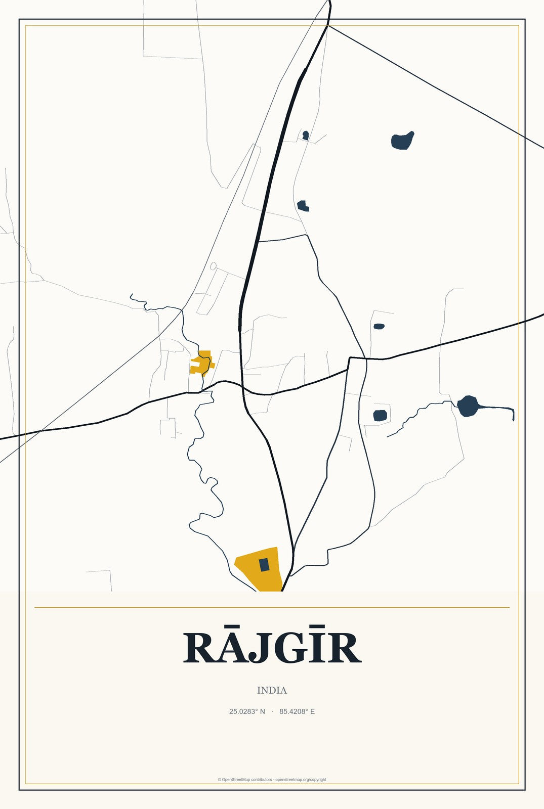 Rājgīr, India City Map Aluminum Sign in Citrine Modern style