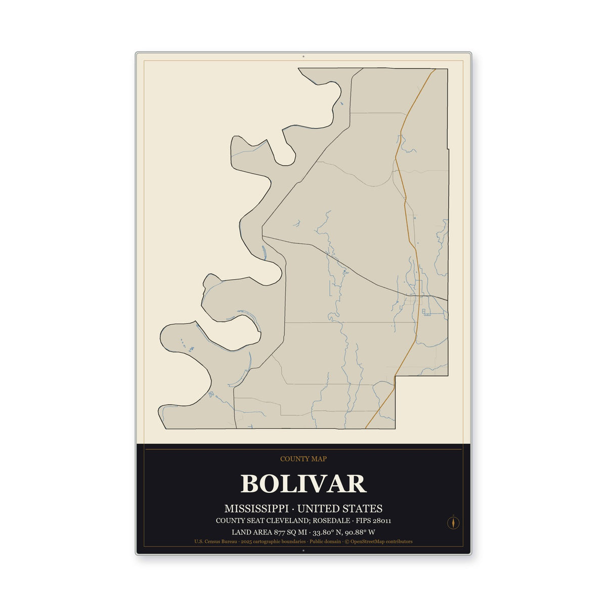 Bolivar County, Mississippi Map Aluminum Sign in Museum Plaque style
