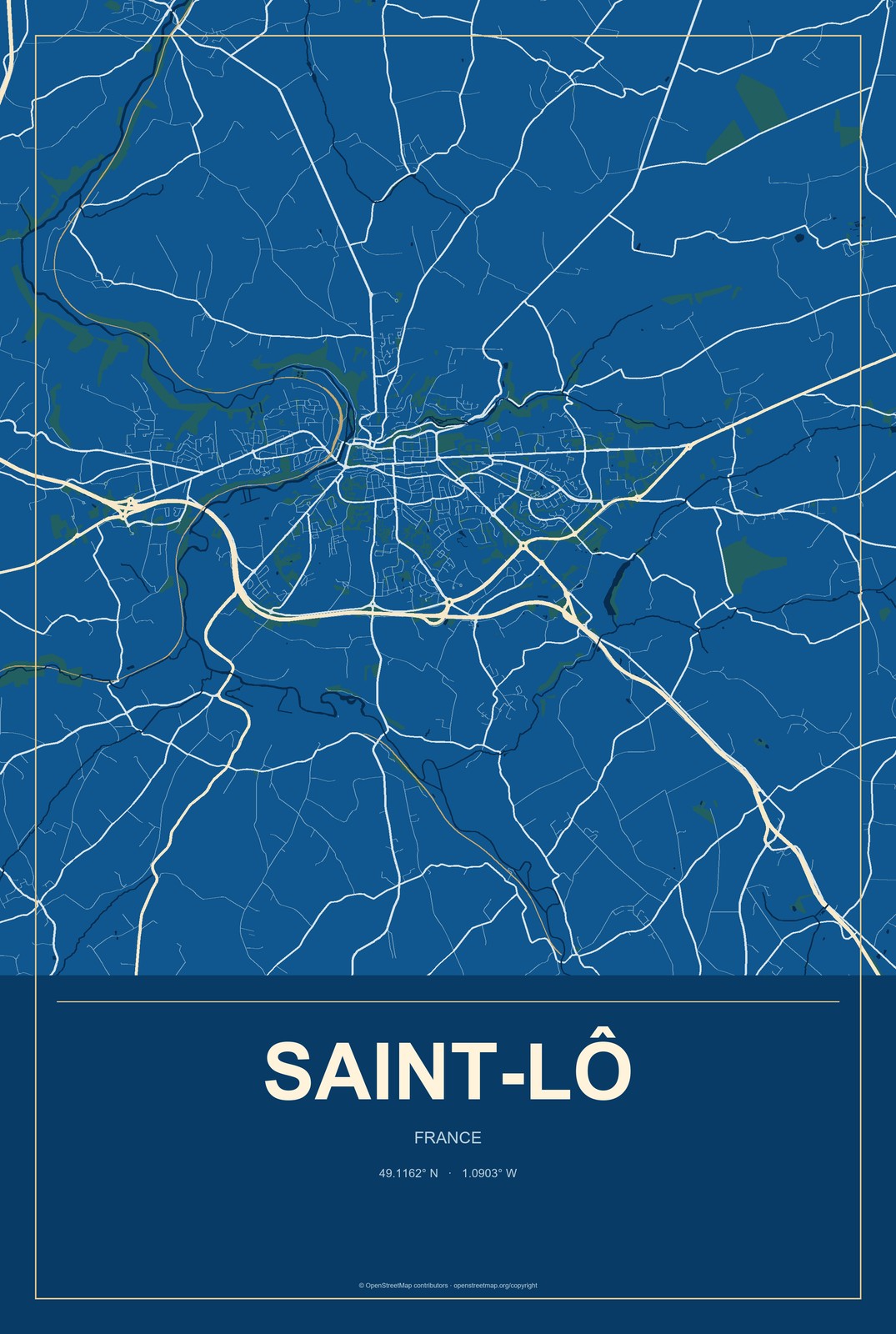 Saint-Lô, France City Map Aluminum Sign in Harbor Cobalt style
