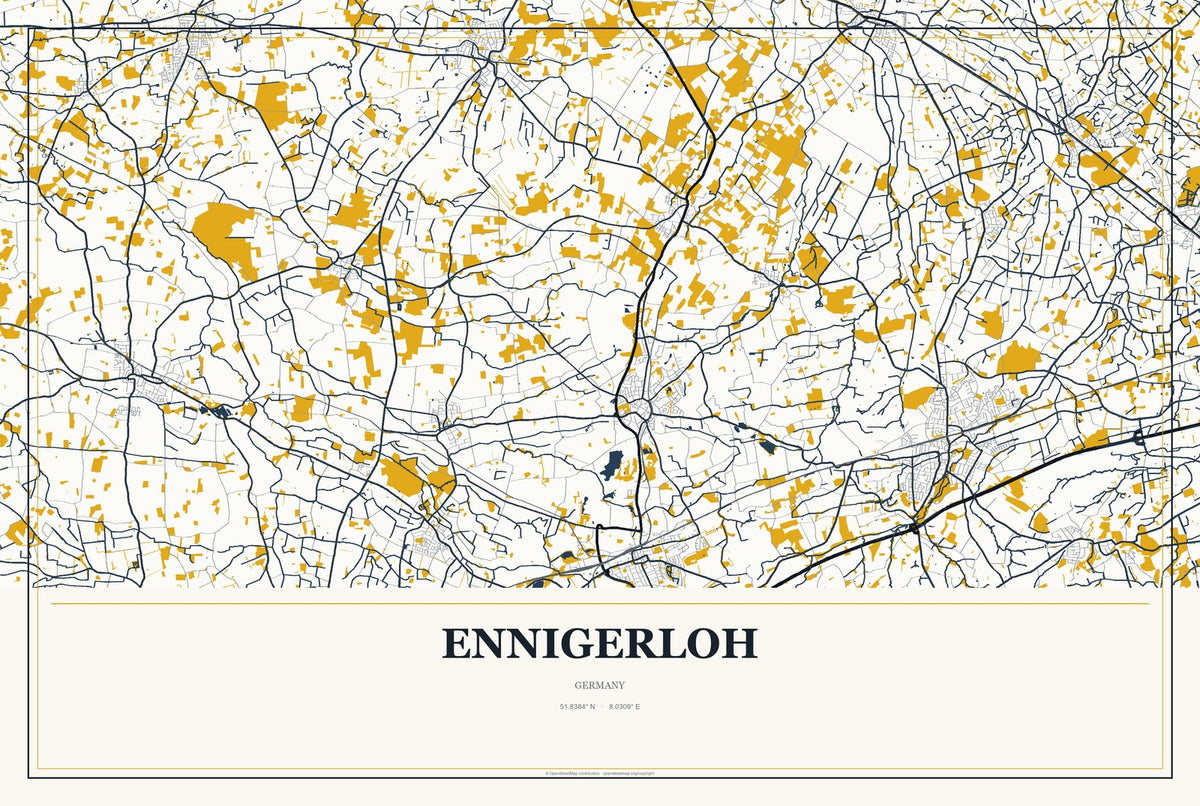 Ennigerloh, Germany City Map Aluminum Sign in Citrine Modern style