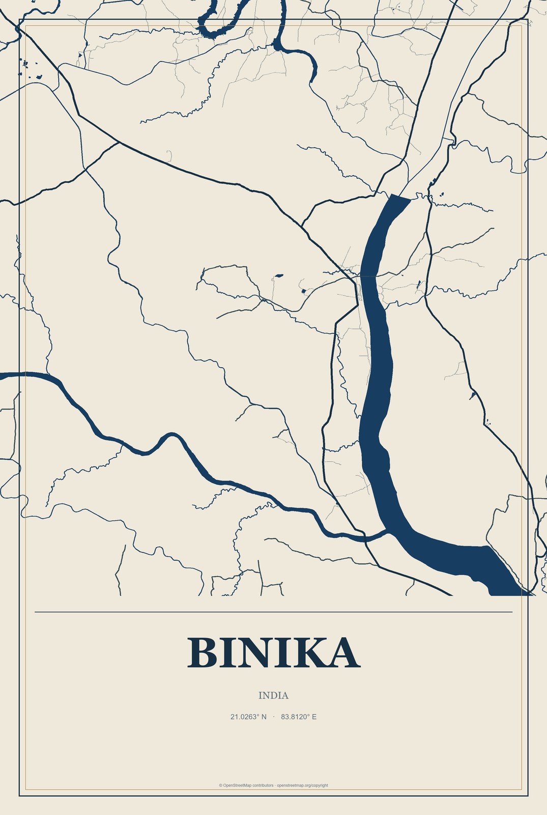 Binika, India City Map Aluminum Sign in Coastal Cutout style