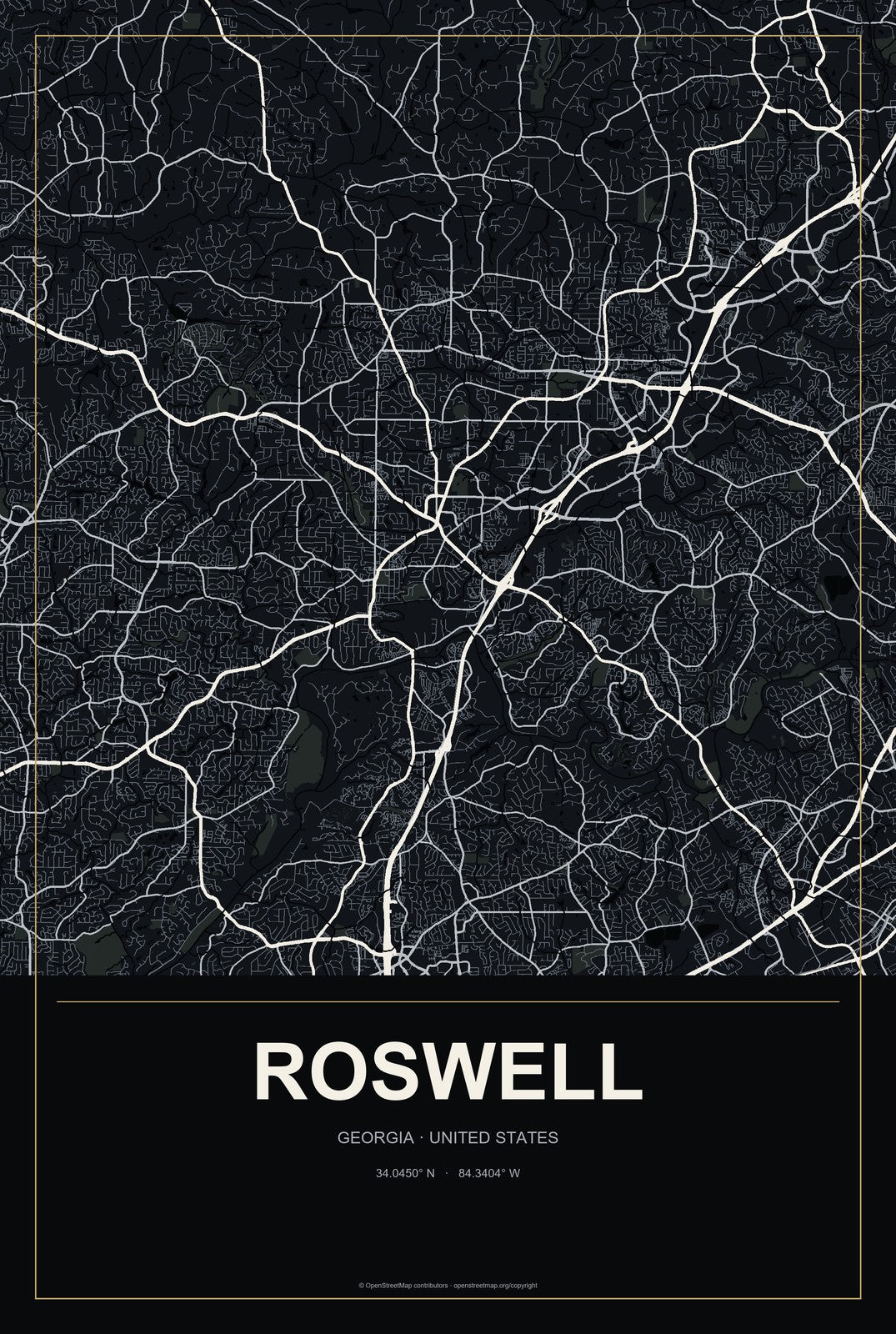 Roswell, Georgia City Map Aluminum Sign in Metropolitan Noir style
