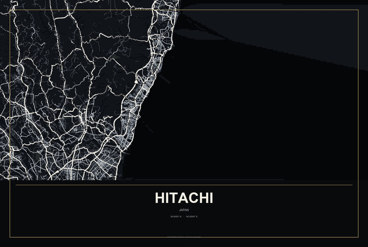 Hitachi, Japan City Map Aluminum Sign in Metropolitan Noir style