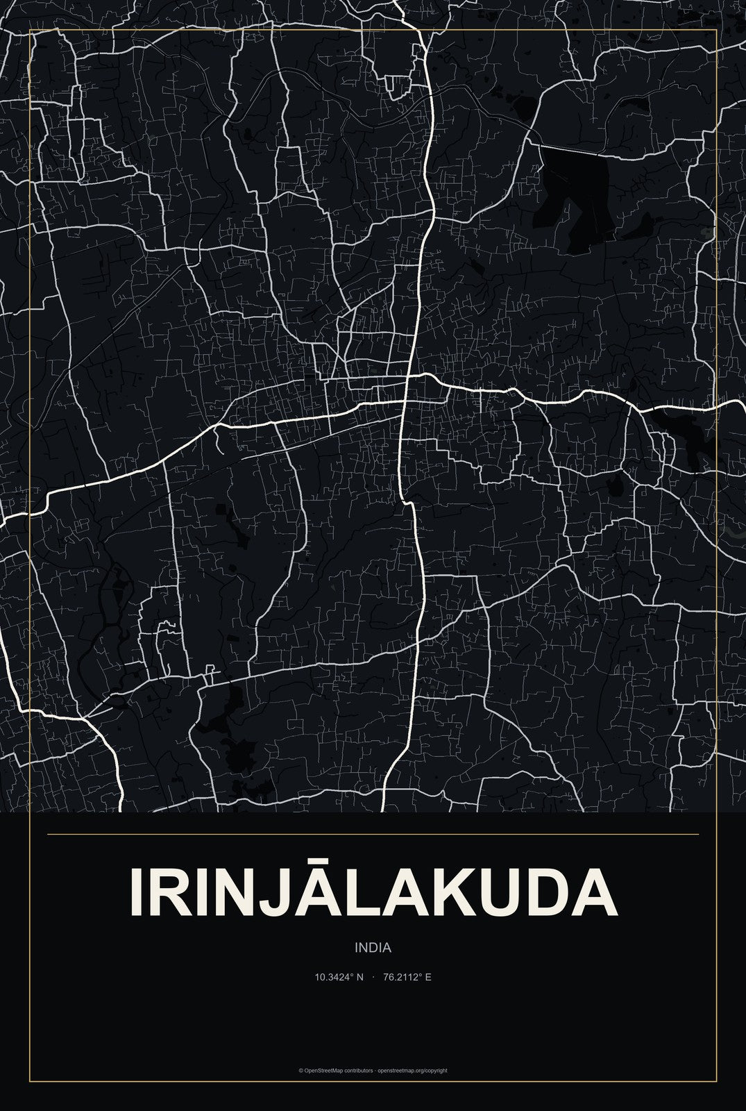 Irinjālakuda, India City Map Aluminum Sign in Metropolitan Noir style