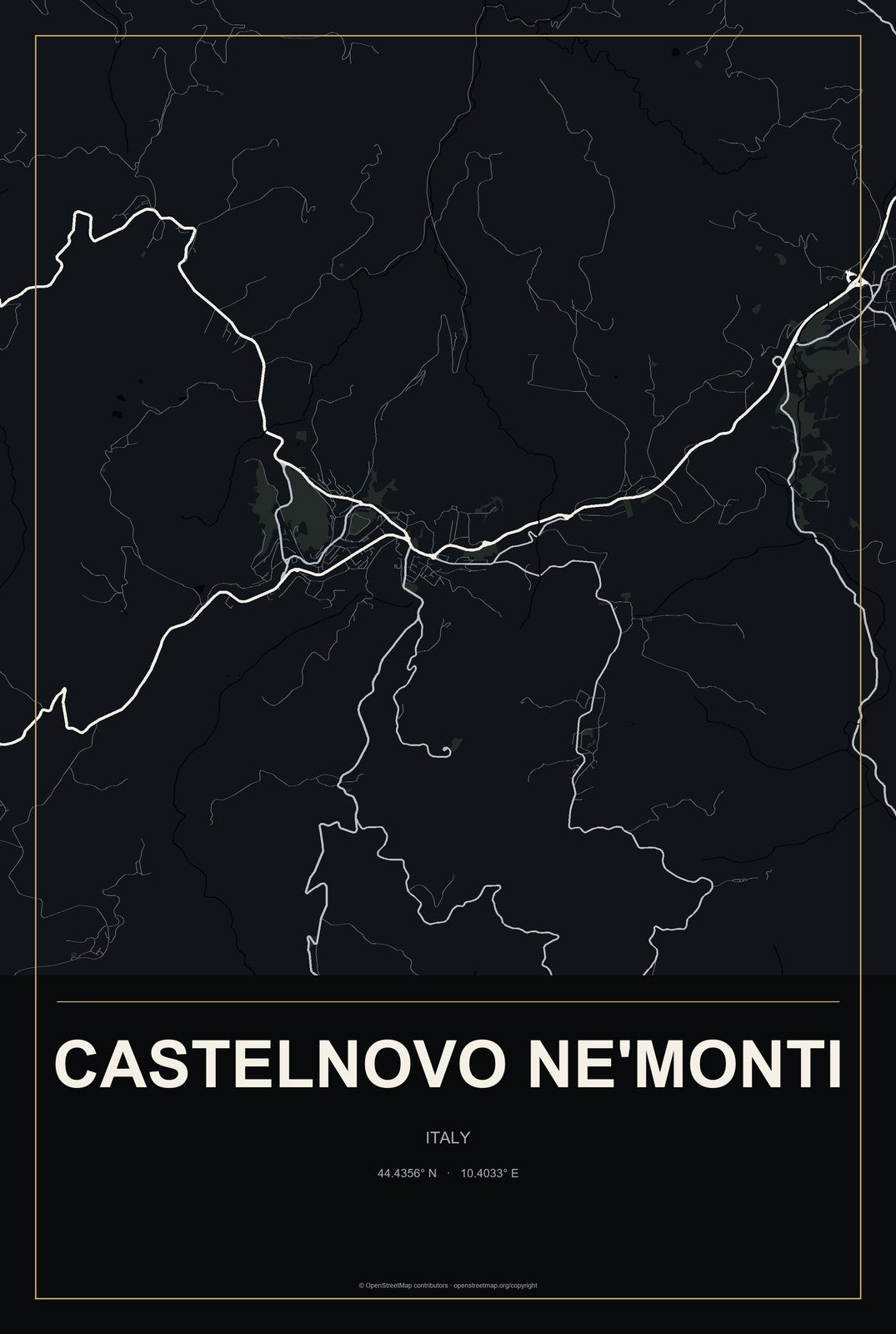 Castelnovo ne'Monti, Italy City Map Aluminum Sign in Metropolitan Noir style
