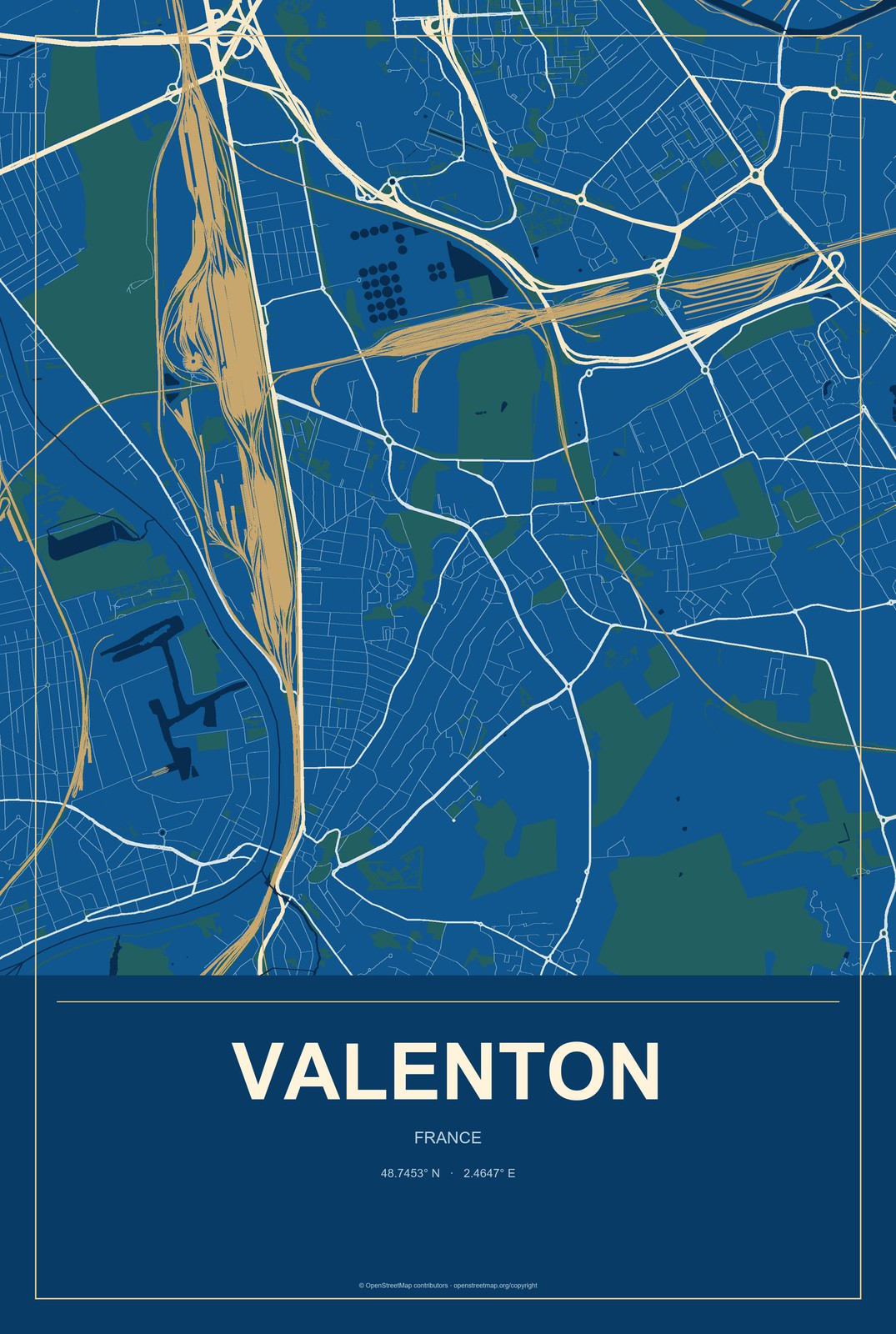 Valenton, France City Map Aluminum Sign in Harbor Cobalt style