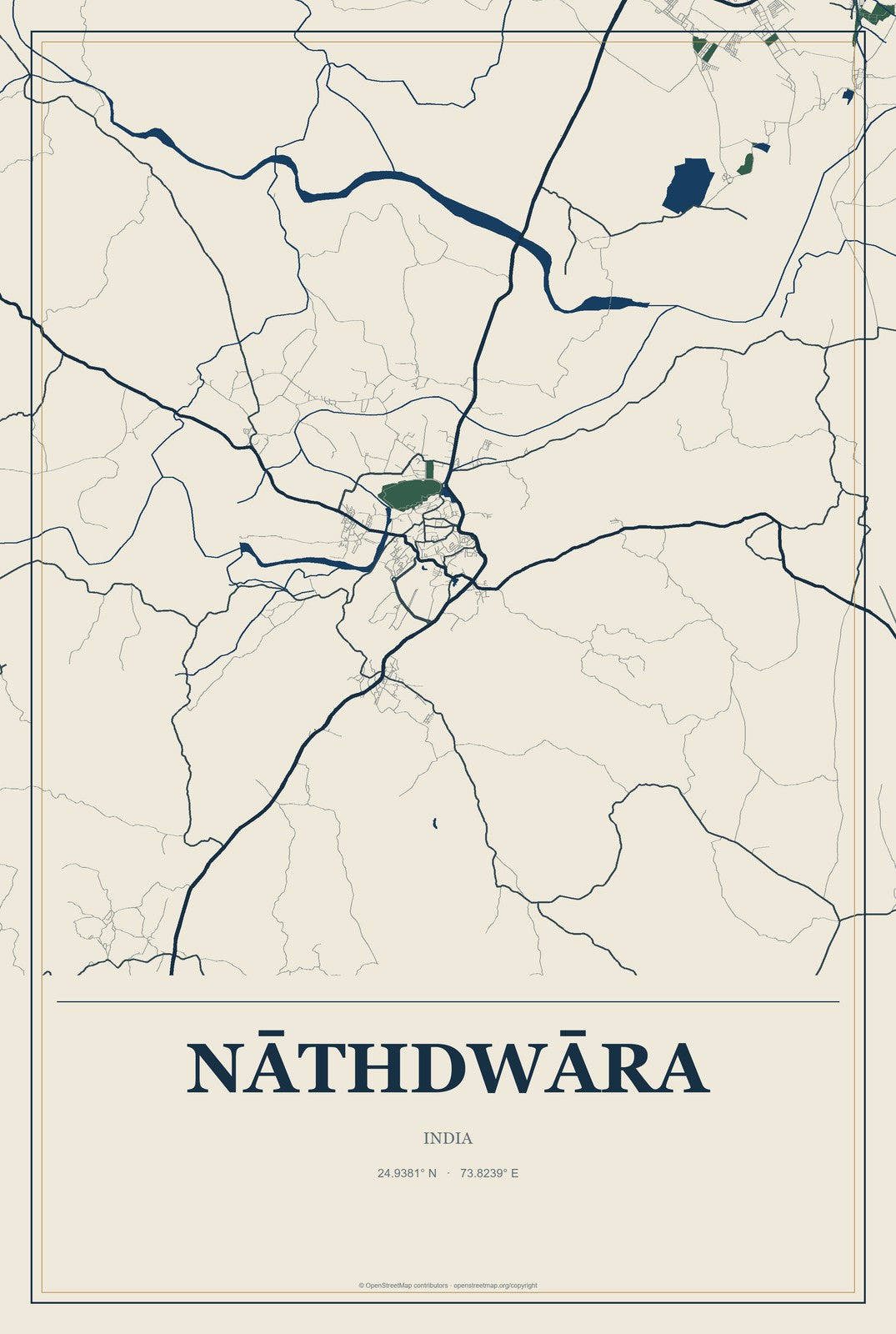 Nāthdwāra, India City Map Aluminum Sign in Coastal Cutout style