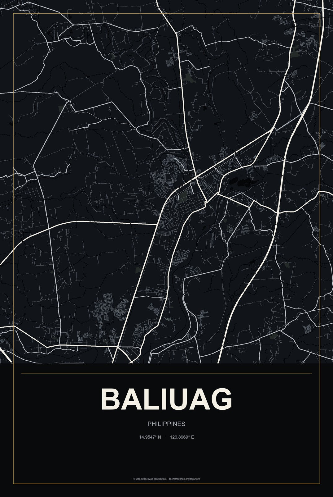 Baliuag, Philippines City Map Aluminum Sign in Metropolitan Noir style