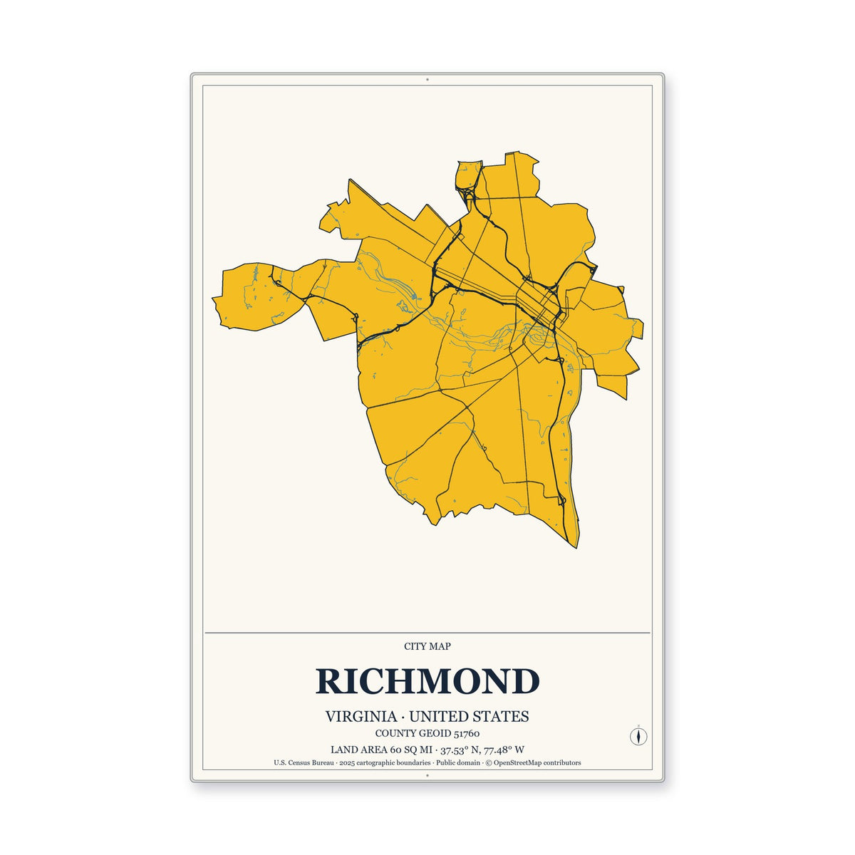 Richmond city, Virginia Map Aluminum Sign in Citrine Modern style
