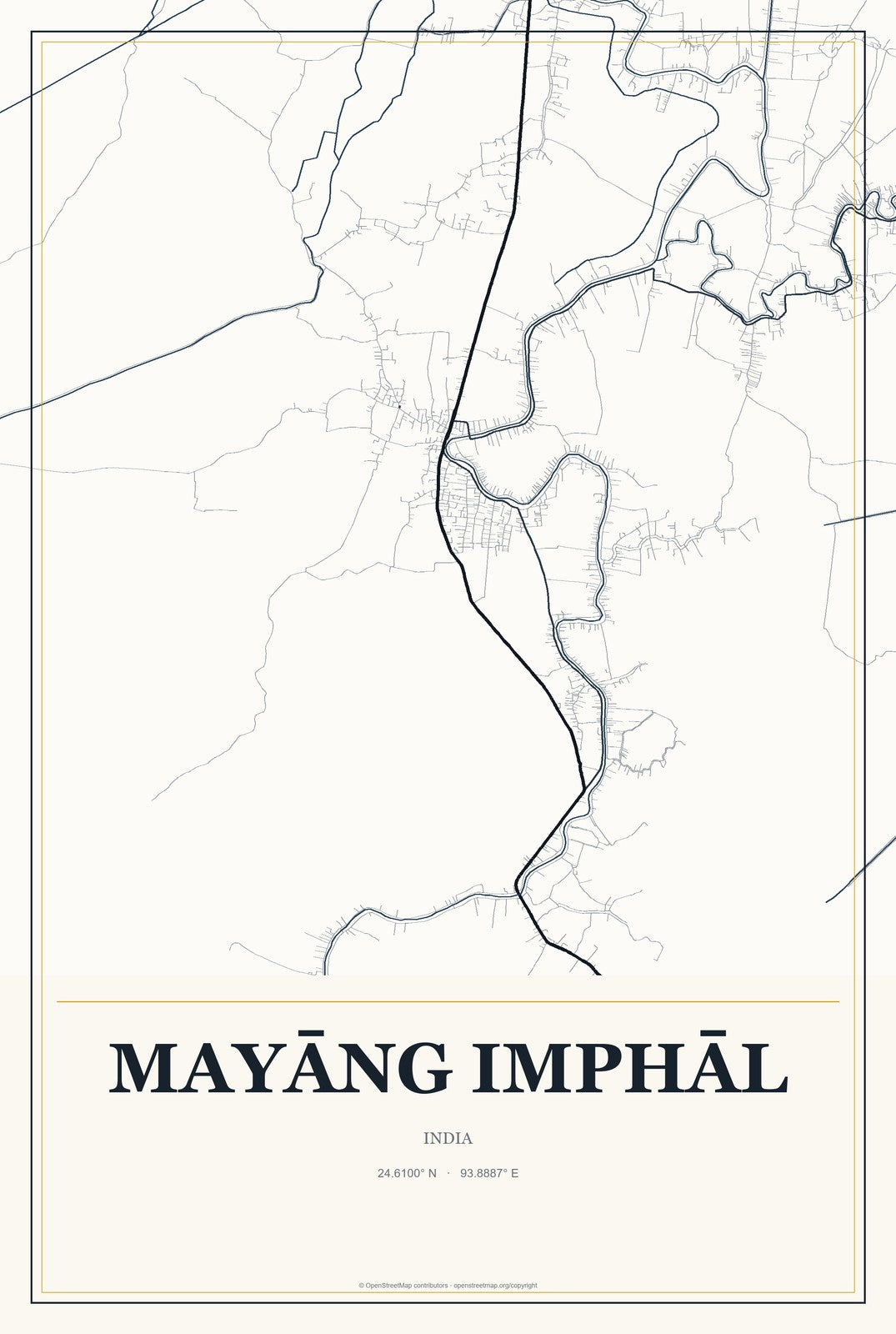 Mayāng Imphāl, India City Map Aluminum Sign in Citrine Modern style