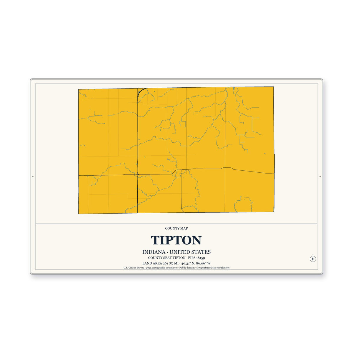 Tipton County, Indiana Map Aluminum Sign in Citrine Modern style