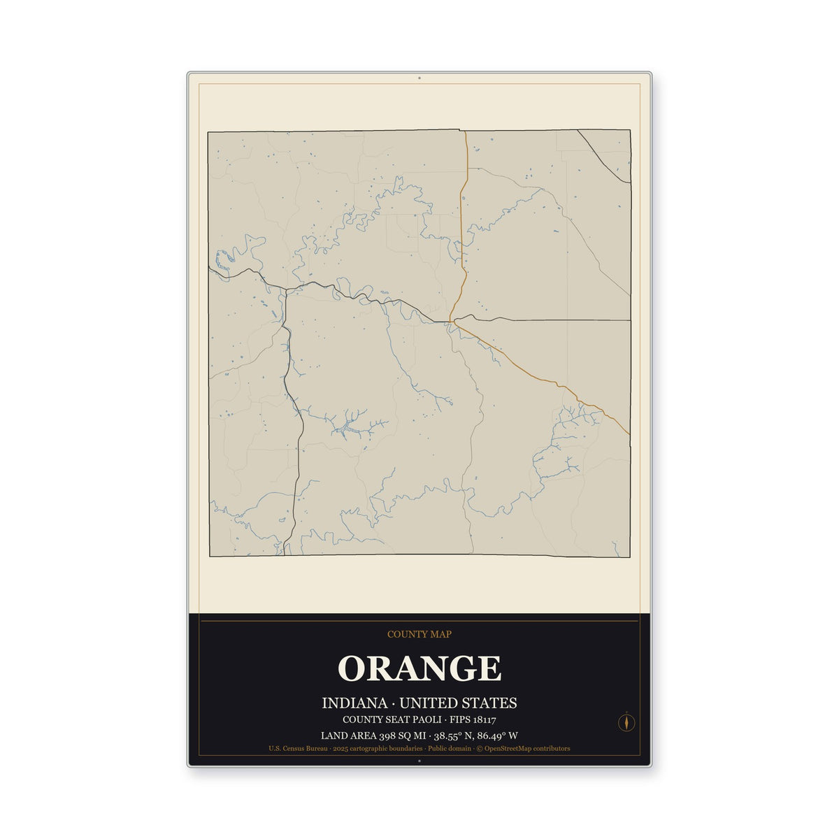 Orange County, Indiana Map Aluminum Sign in Museum Plaque style