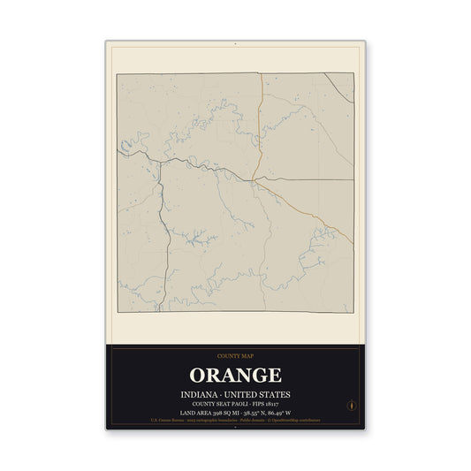 Orange County, Indiana Map Aluminum Sign in Museum Plaque style
