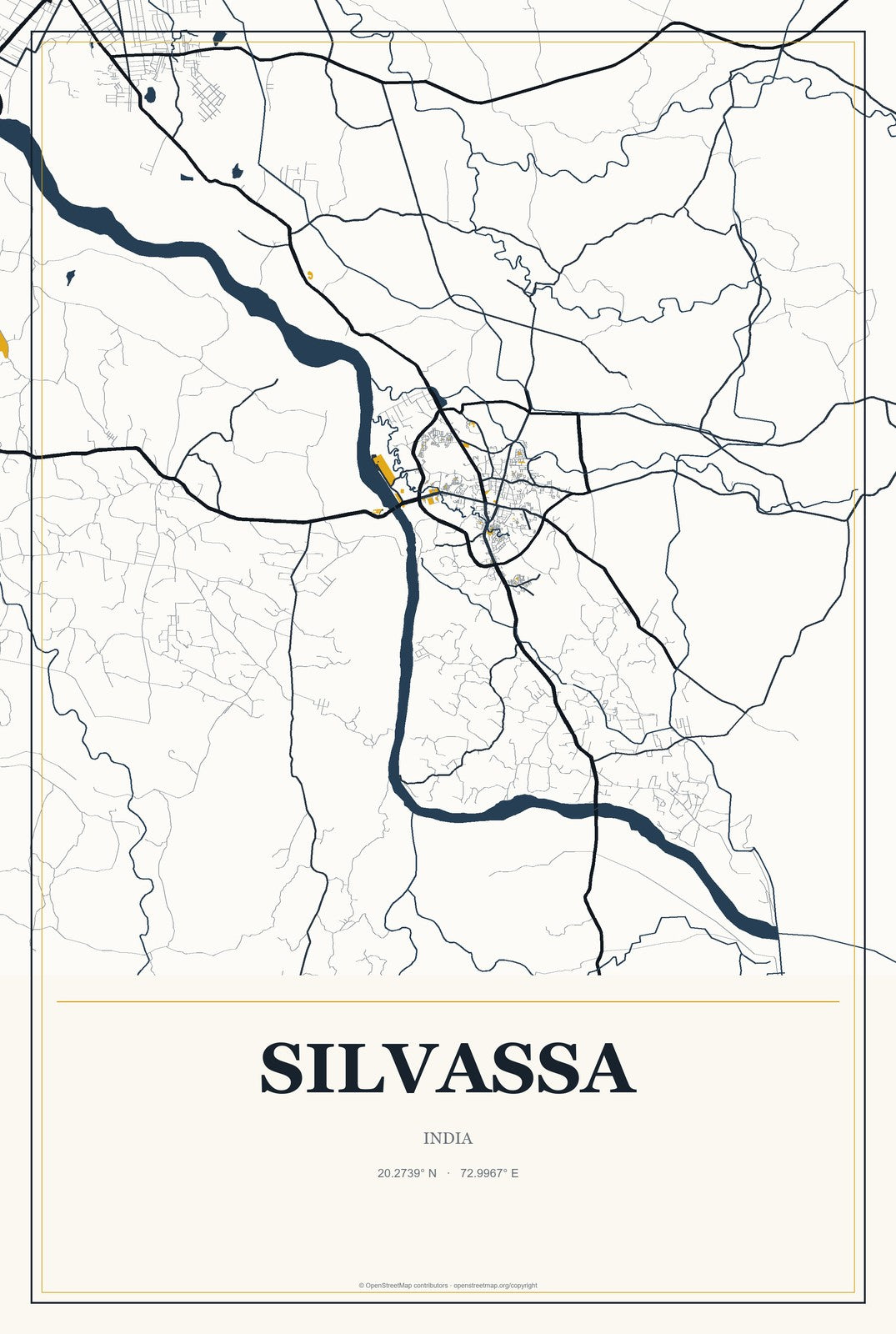 Silvassa, India City Map Aluminum Sign in Citrine Modern style
