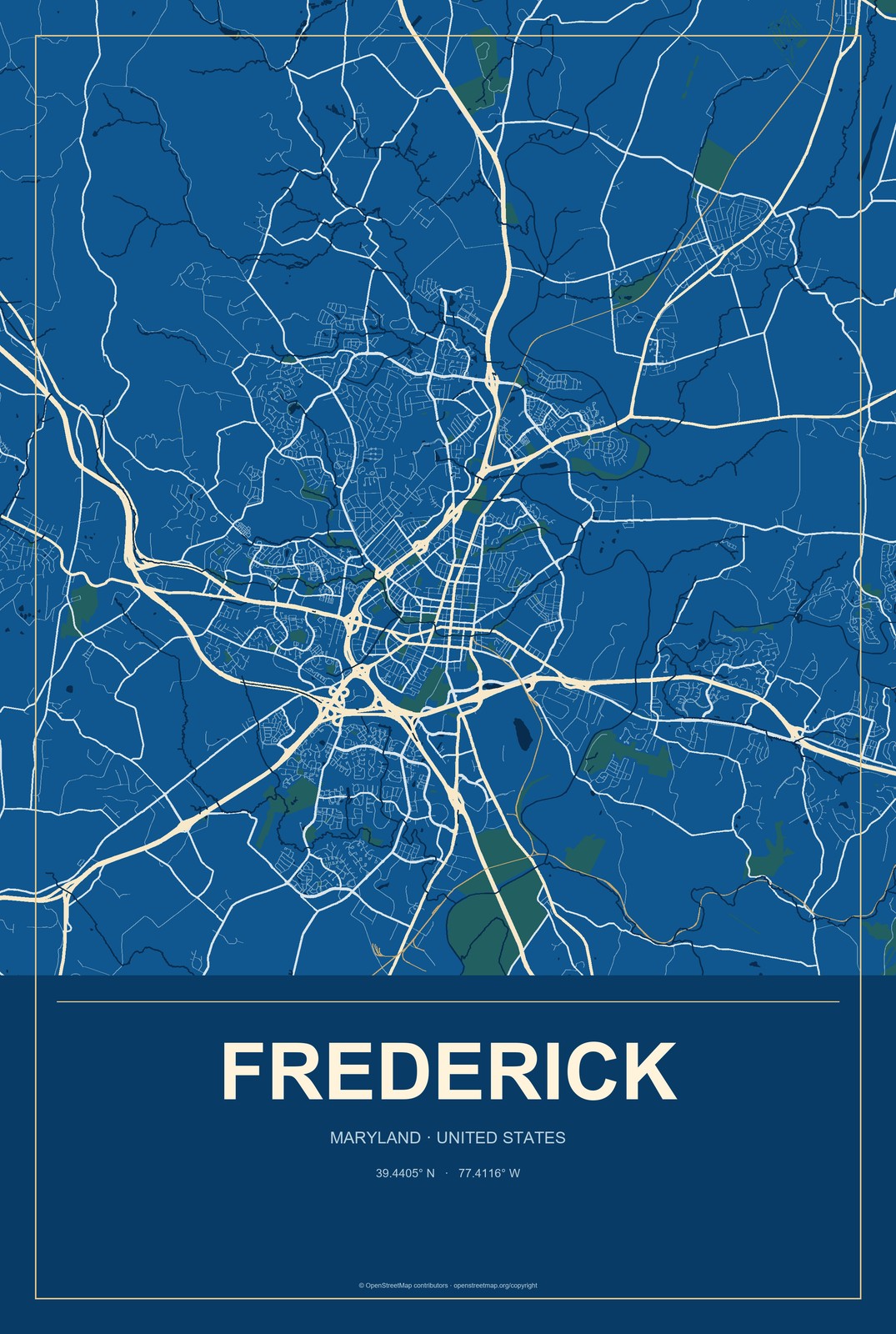 Frederick, Maryland City Map Aluminum Sign in Harbor Cobalt style