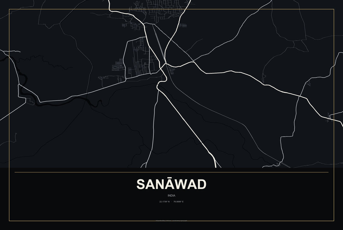 Sanāwad, India City Map Aluminum Sign in Metropolitan Noir style
