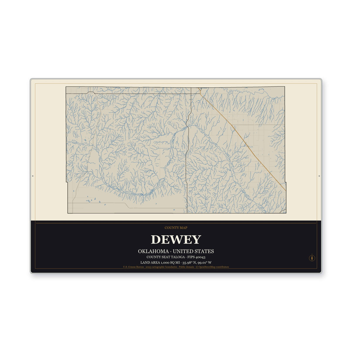 Dewey County, Oklahoma Map Aluminum Sign in Museum Plaque style