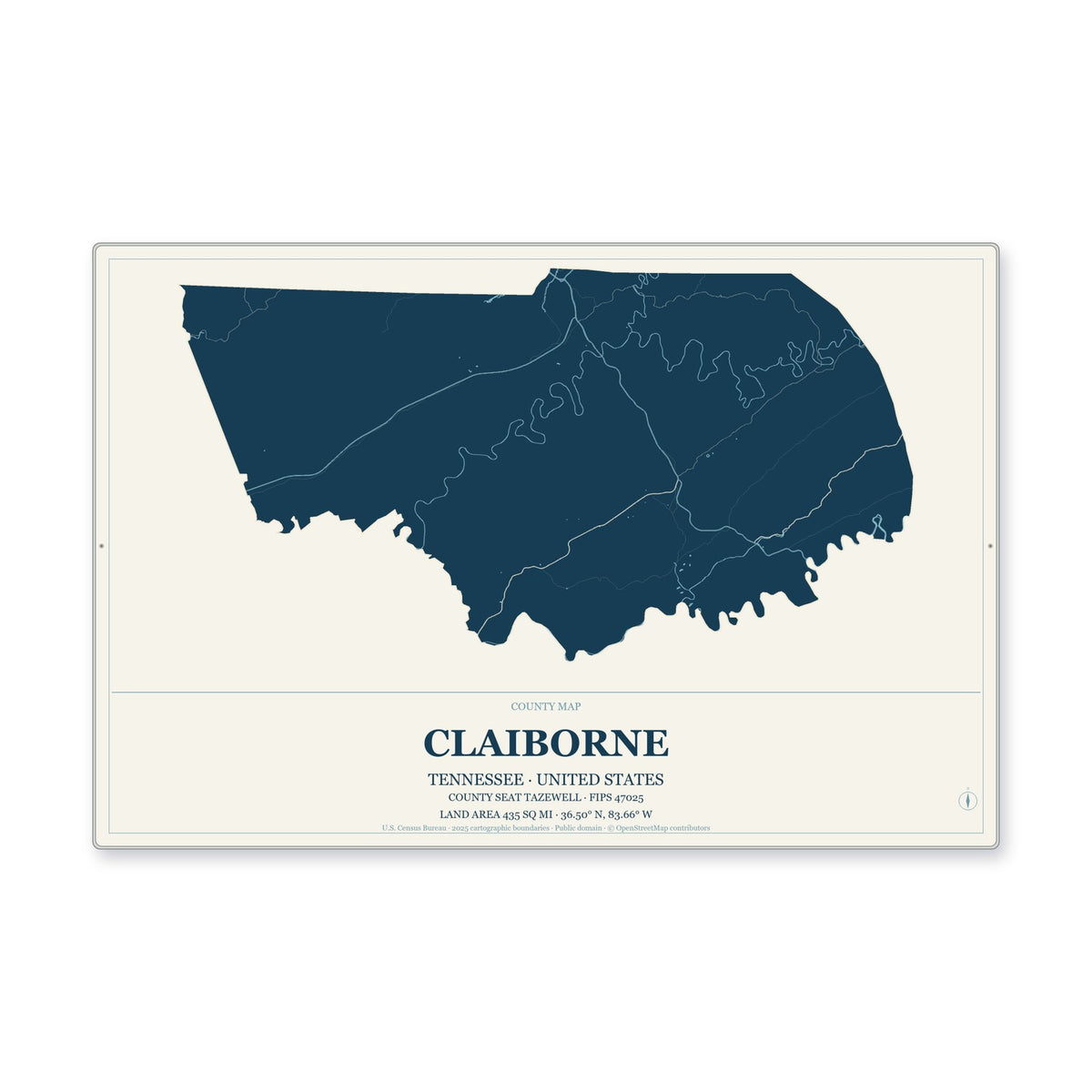 Claiborne County, Tennessee Map Aluminum Sign in Coastal Cutout style