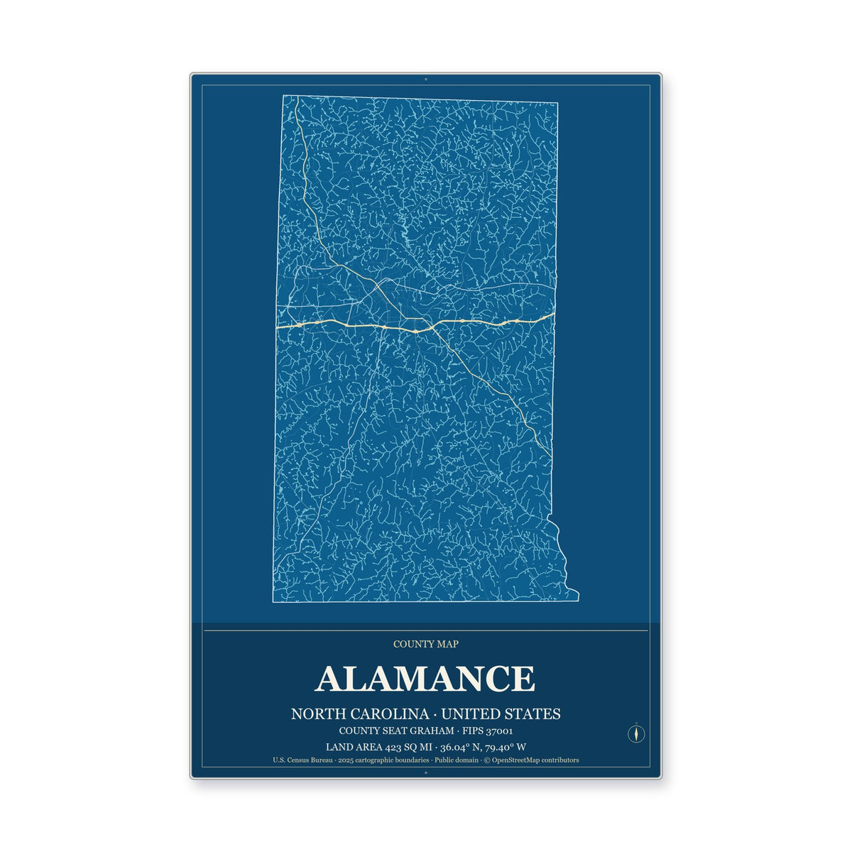 Alamance County, North Carolina Map Aluminum Sign in Harbor Cobalt style