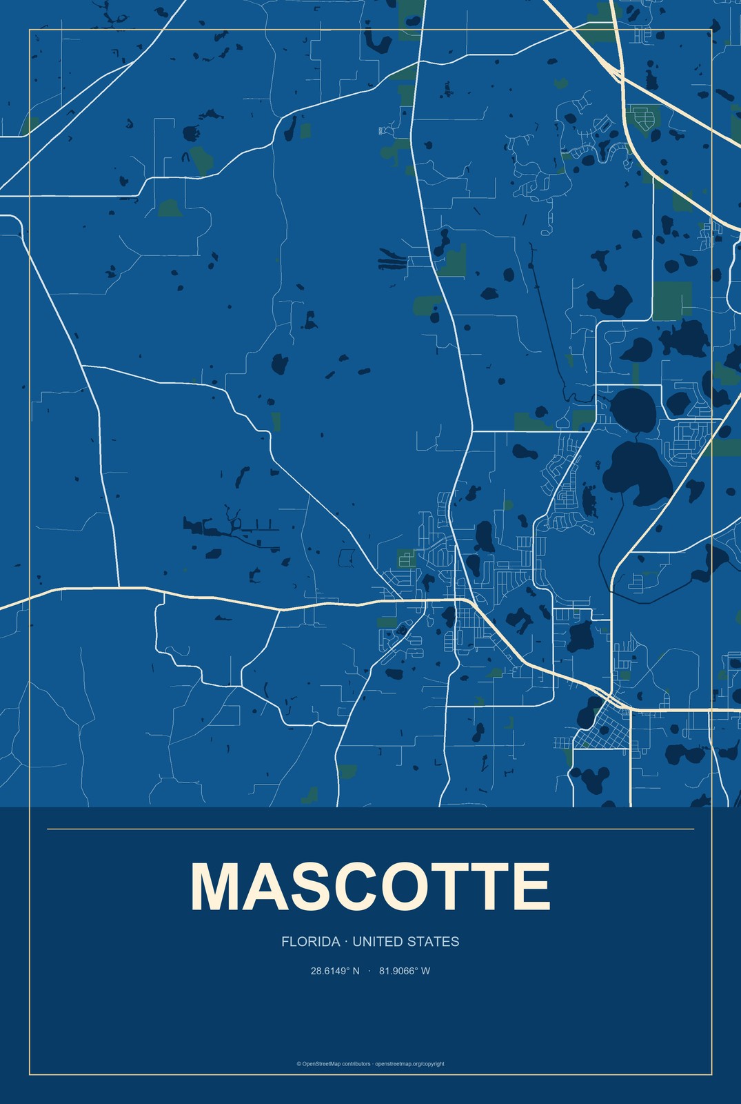 Mascotte, Florida City Map Aluminum Sign in Harbor Cobalt style