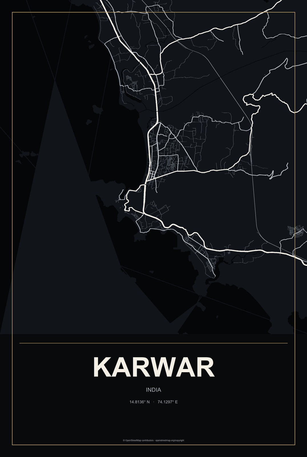 Karwar, India City Map Aluminum Sign in Metropolitan Noir style