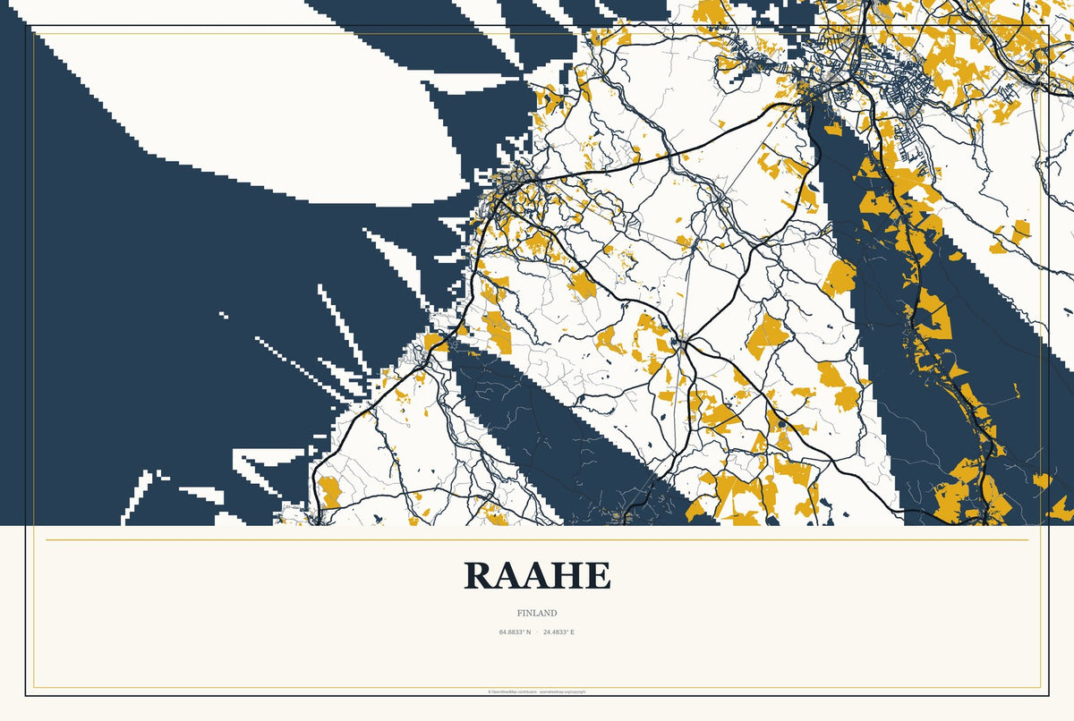 Raahe, Finland City Map Aluminum Sign in Citrine Modern style