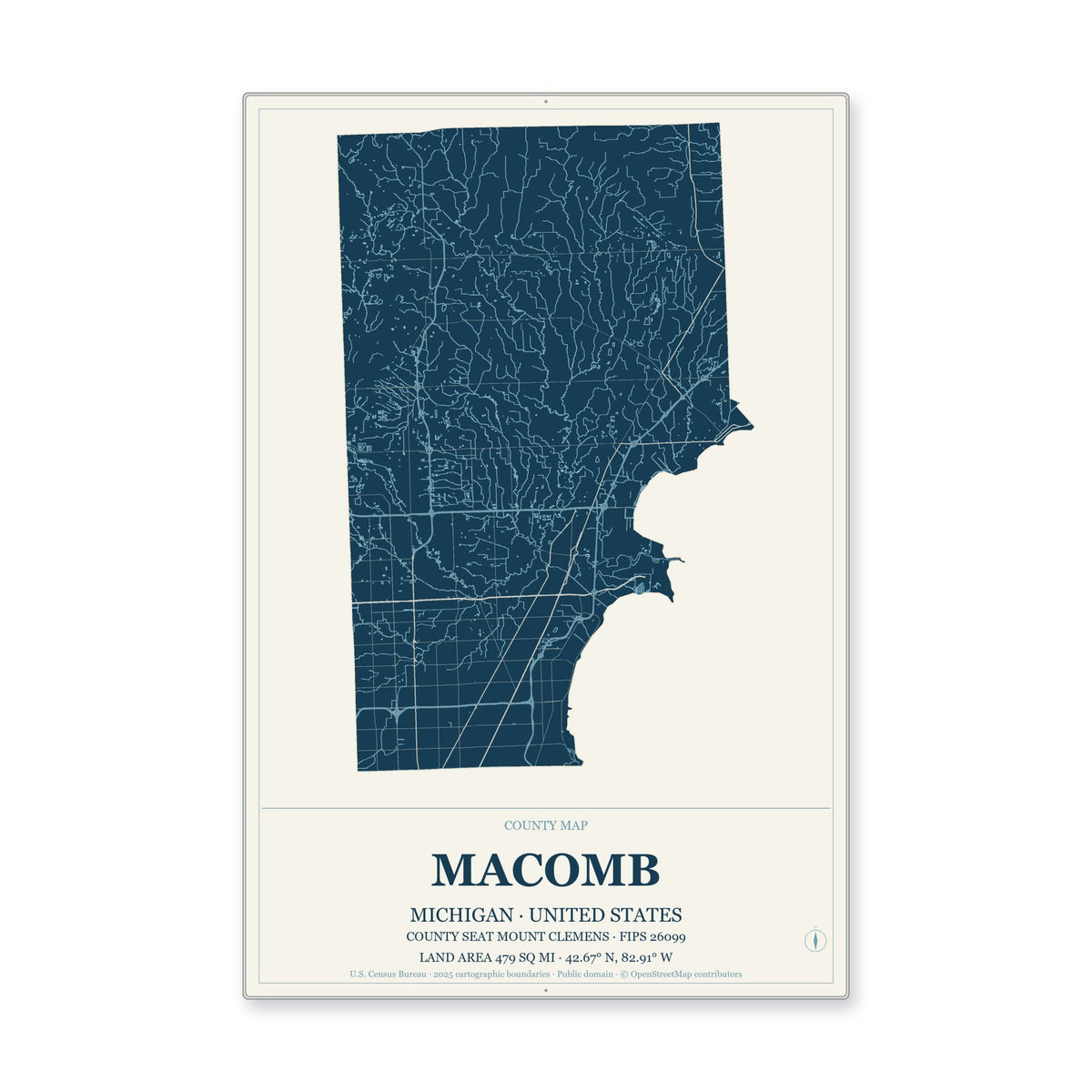 Macomb County, Michigan Map Aluminum Sign in Coastal Cutout style