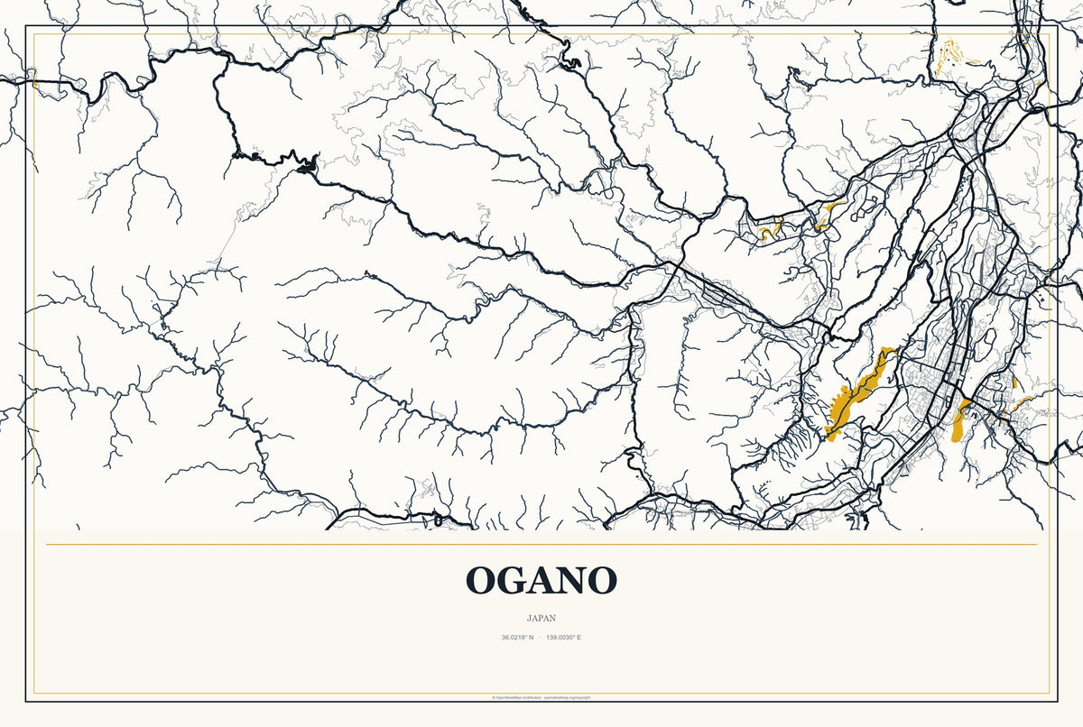Ogano, Japan City Map Aluminum Sign in Citrine Modern style