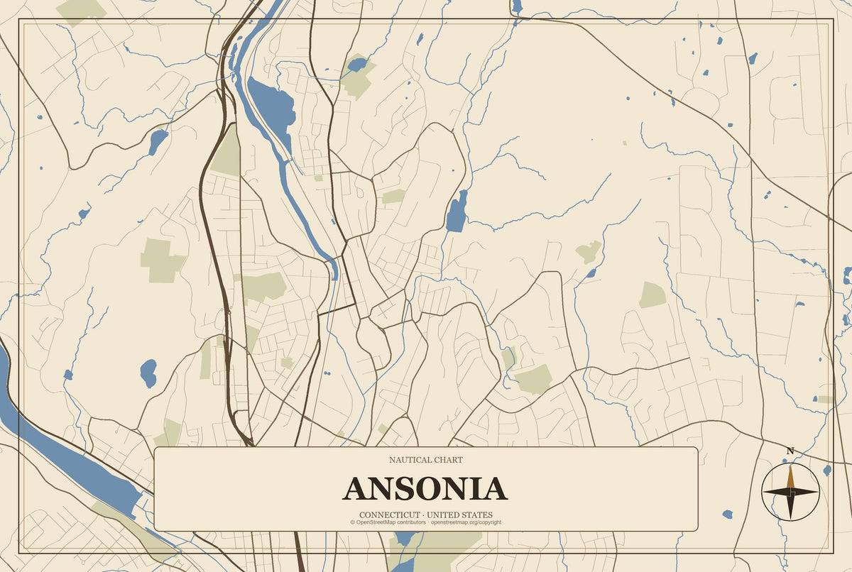 Ansonia, Connecticut City Map Aluminum Sign in Heritage Nautical style