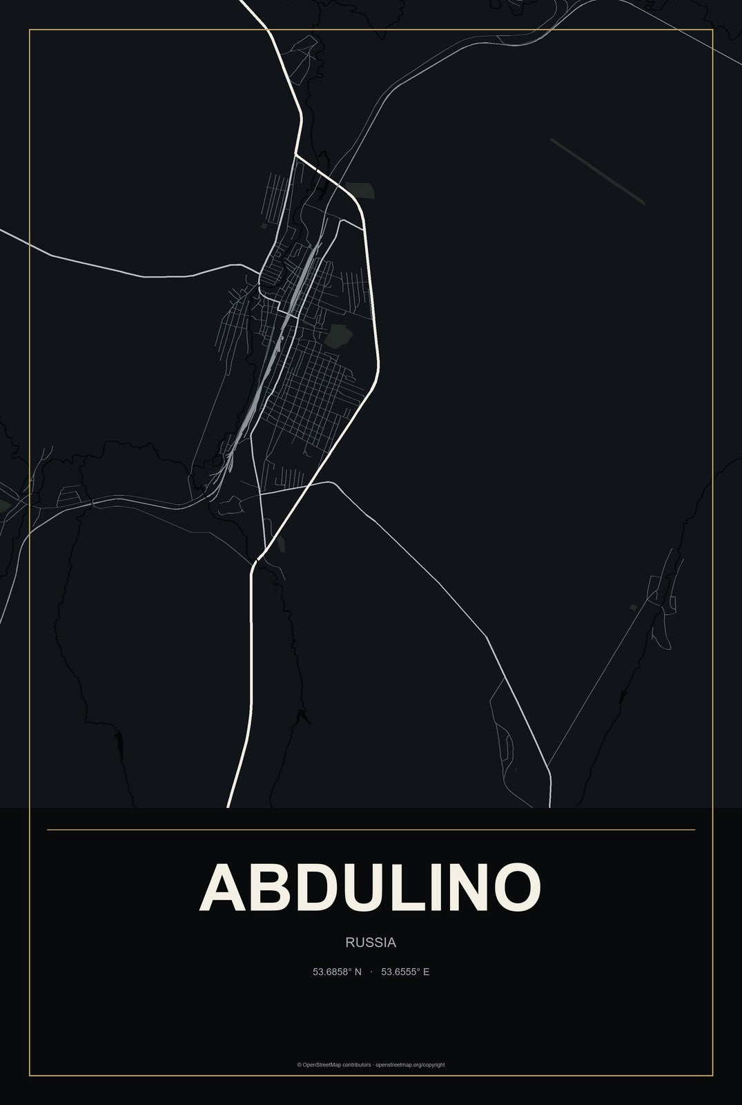 Abdulino, Russia City Map Aluminum Sign in Metropolitan Noir style