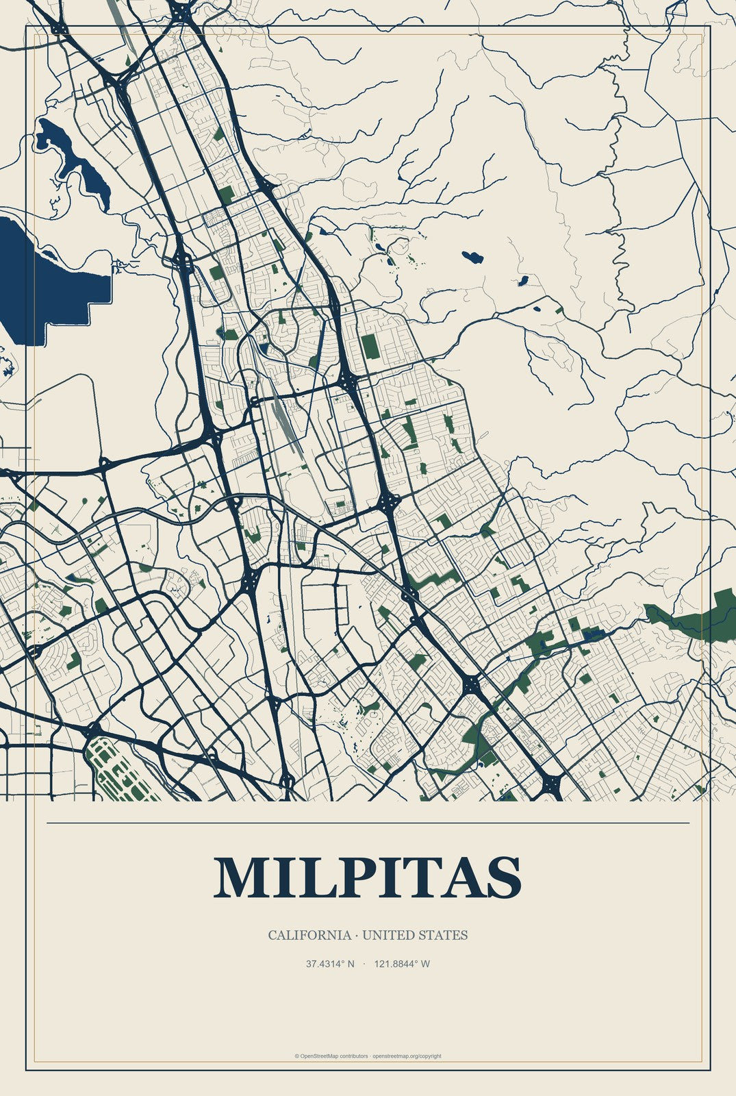 Milpitas, California City Map Aluminum Sign in Coastal Cutout style