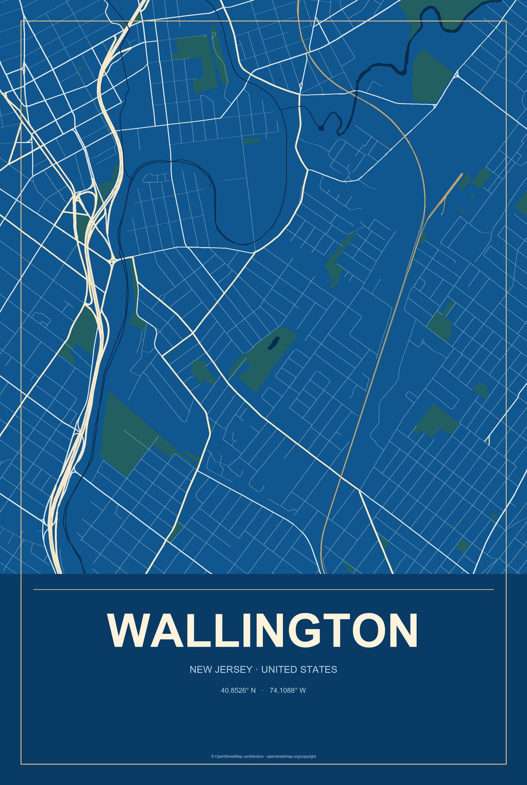Wallington, New Jersey City Map Aluminum Sign in Harbor Cobalt style