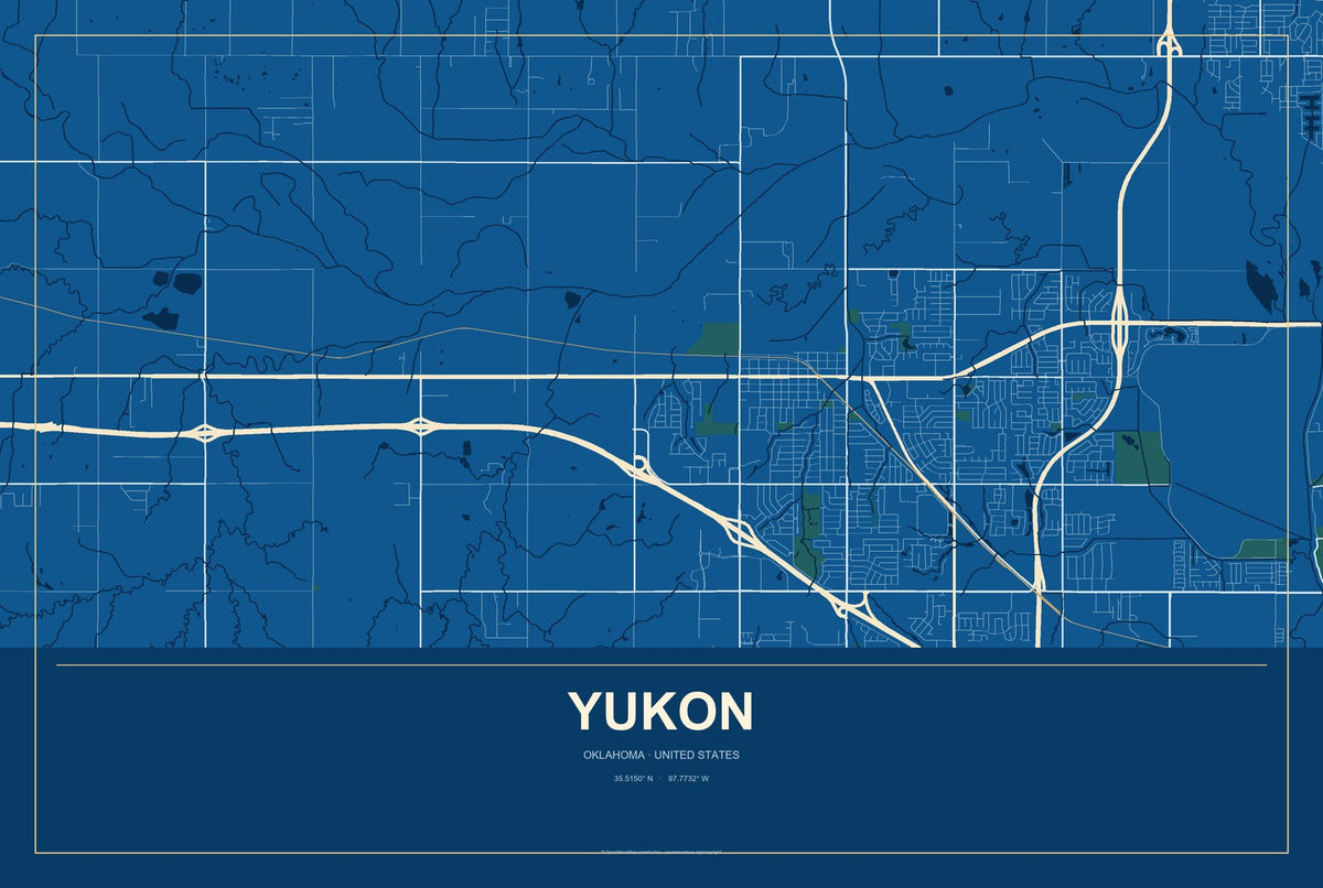 Yukon, Oklahoma City Map Aluminum Sign in Harbor Cobalt style