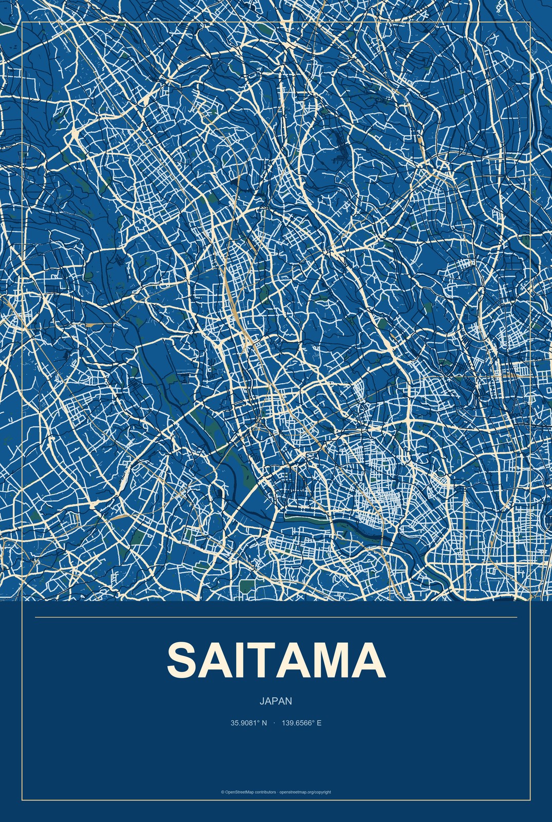 Saitama, Japan City Map Aluminum Sign in Harbor Cobalt style