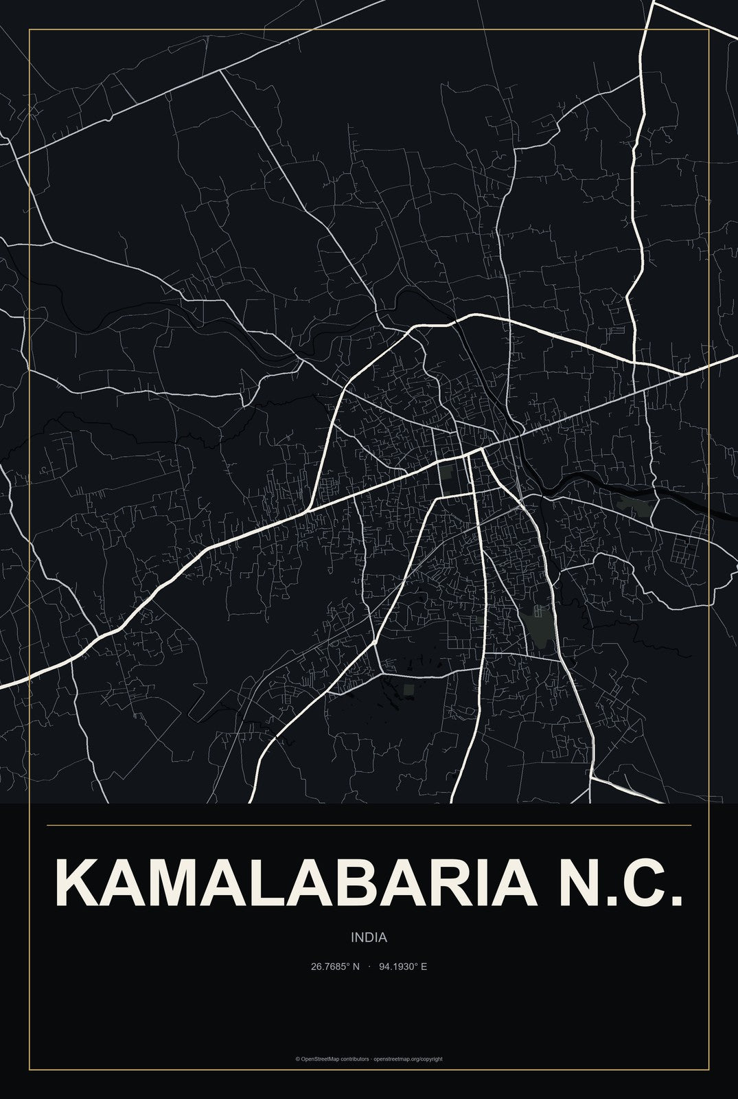 Kamalabaria N.C., India City Map Aluminum Sign in Metropolitan Noir style