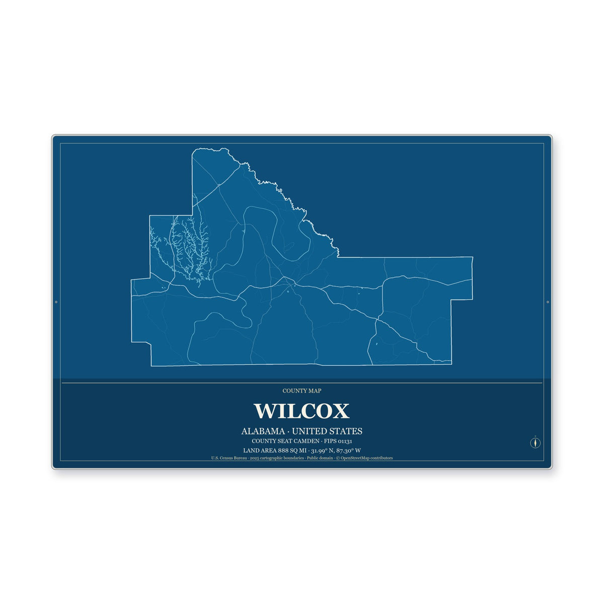 Wilcox County, Alabama Map Aluminum Sign in Harbor Cobalt style