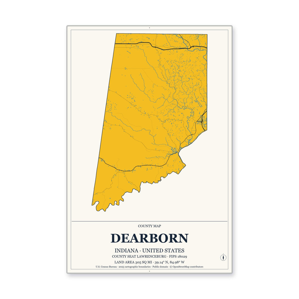 Dearborn County, Indiana Map Aluminum Sign in Citrine Modern style