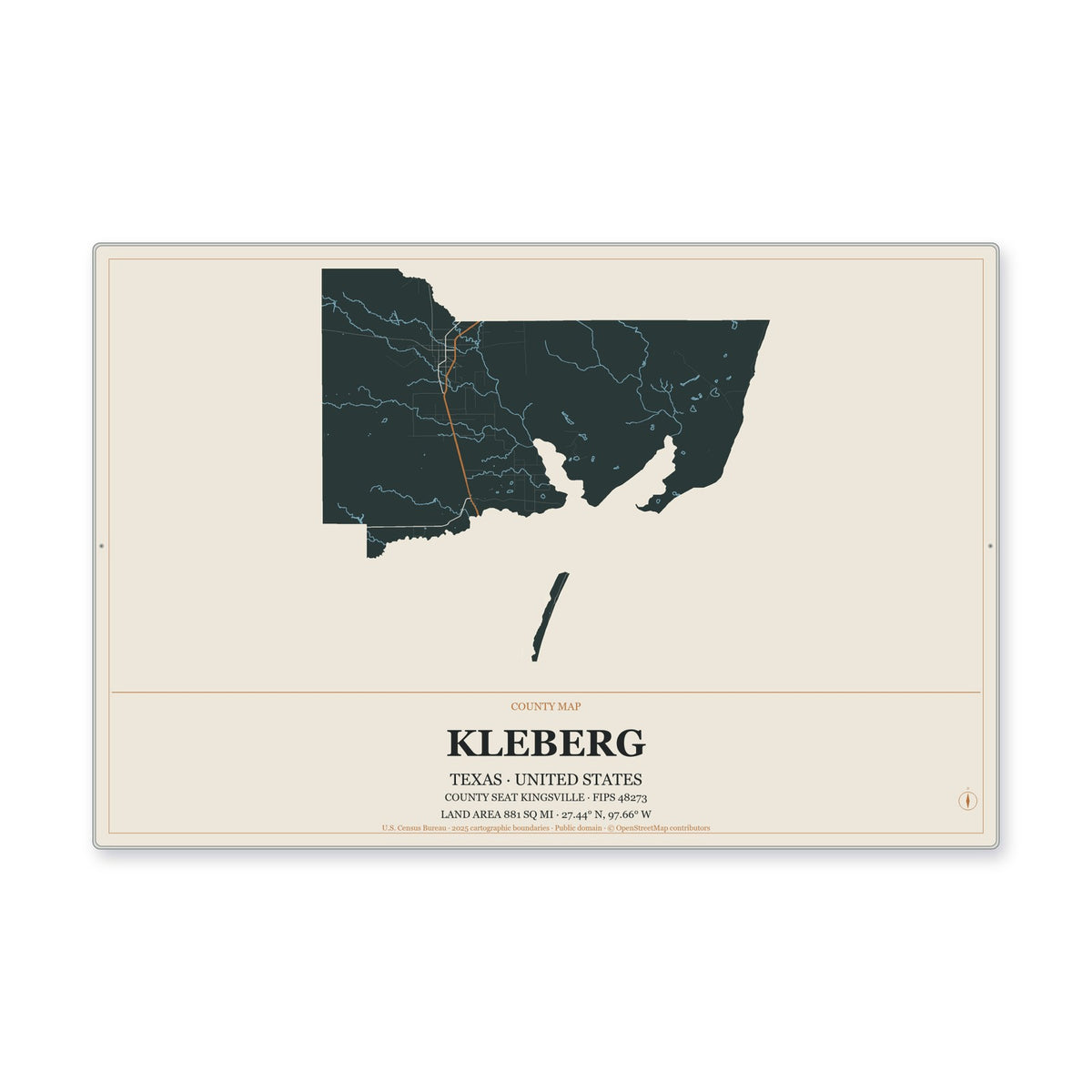 Kleberg County, Texas Map Aluminum Sign in Headline Atlas style
