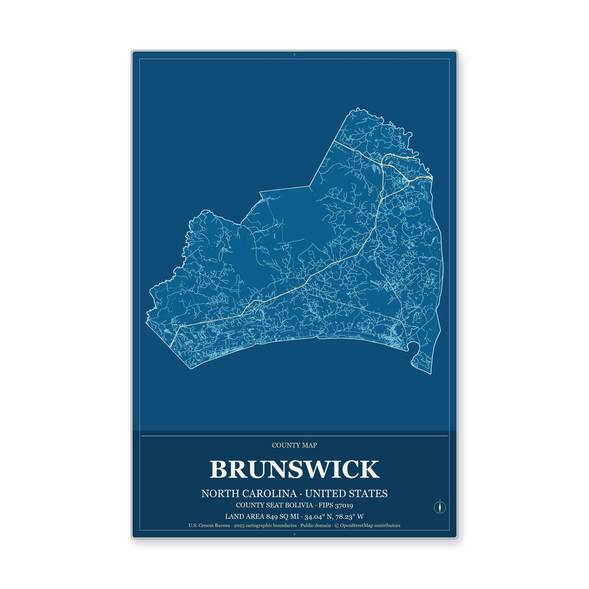 Brunswick County, North Carolina Map Aluminum Sign in Harbor Cobalt style