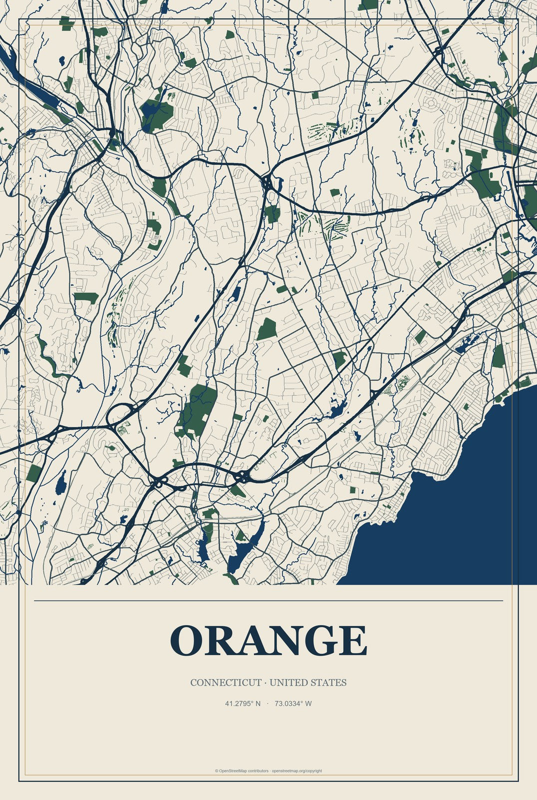 Orange, Connecticut City Map Aluminum Sign in Coastal Cutout style