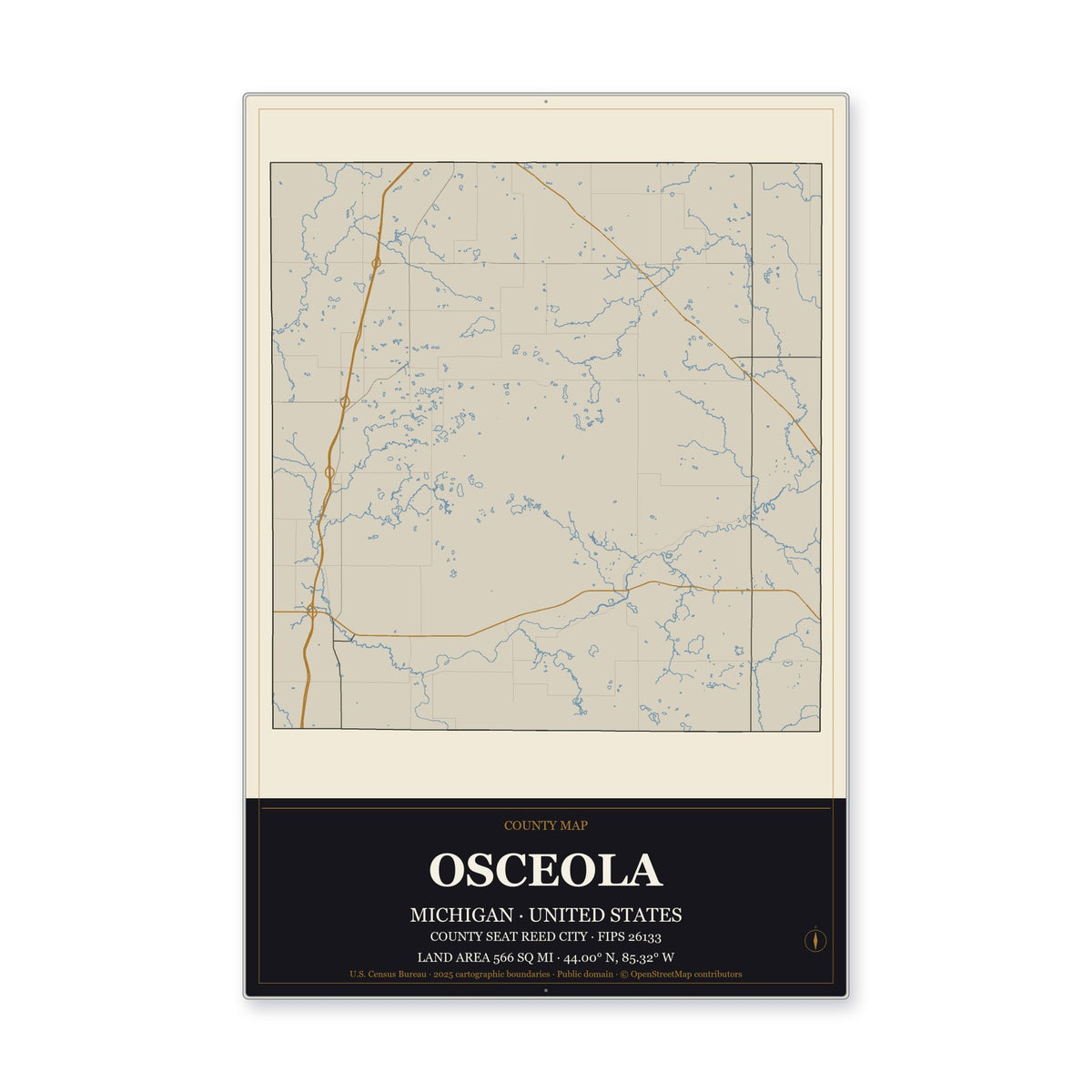 Osceola County, Michigan Map Aluminum Sign in Museum Plaque style