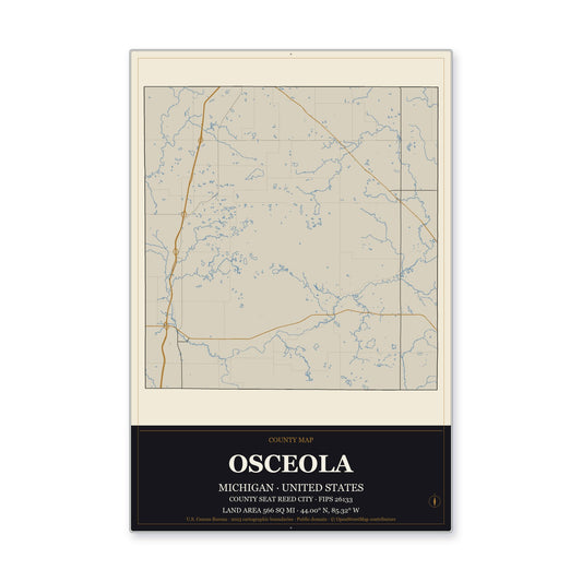 Osceola County, Michigan Map Aluminum Sign in Museum Plaque style