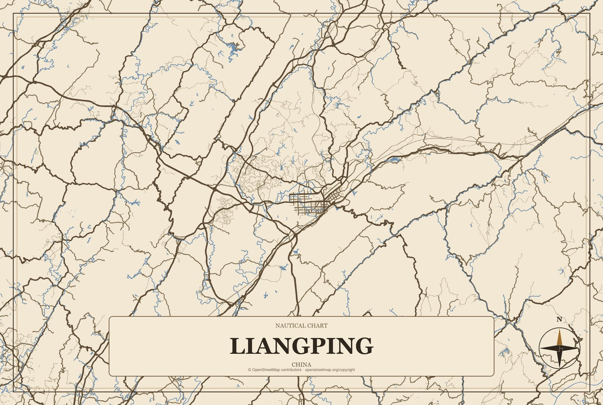 Liangping, China City Map Aluminum Sign in Heritage Nautical style
