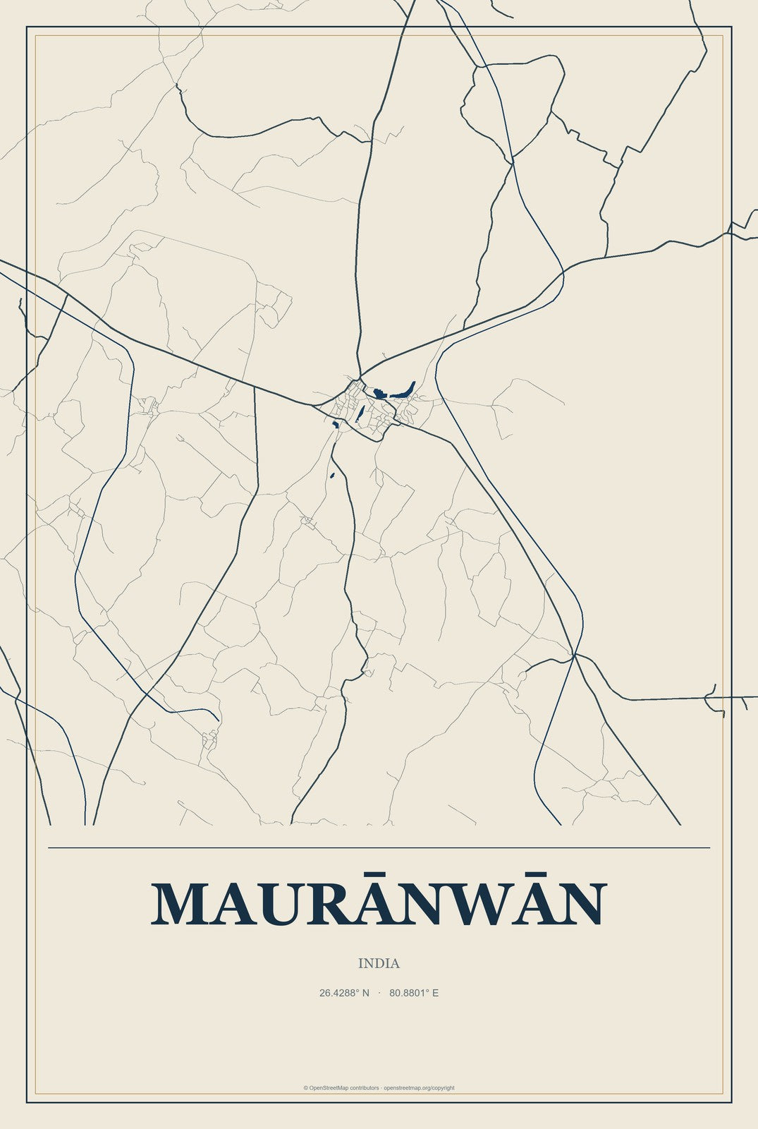 Maurānwān, India City Map Aluminum Sign in Coastal Cutout style
