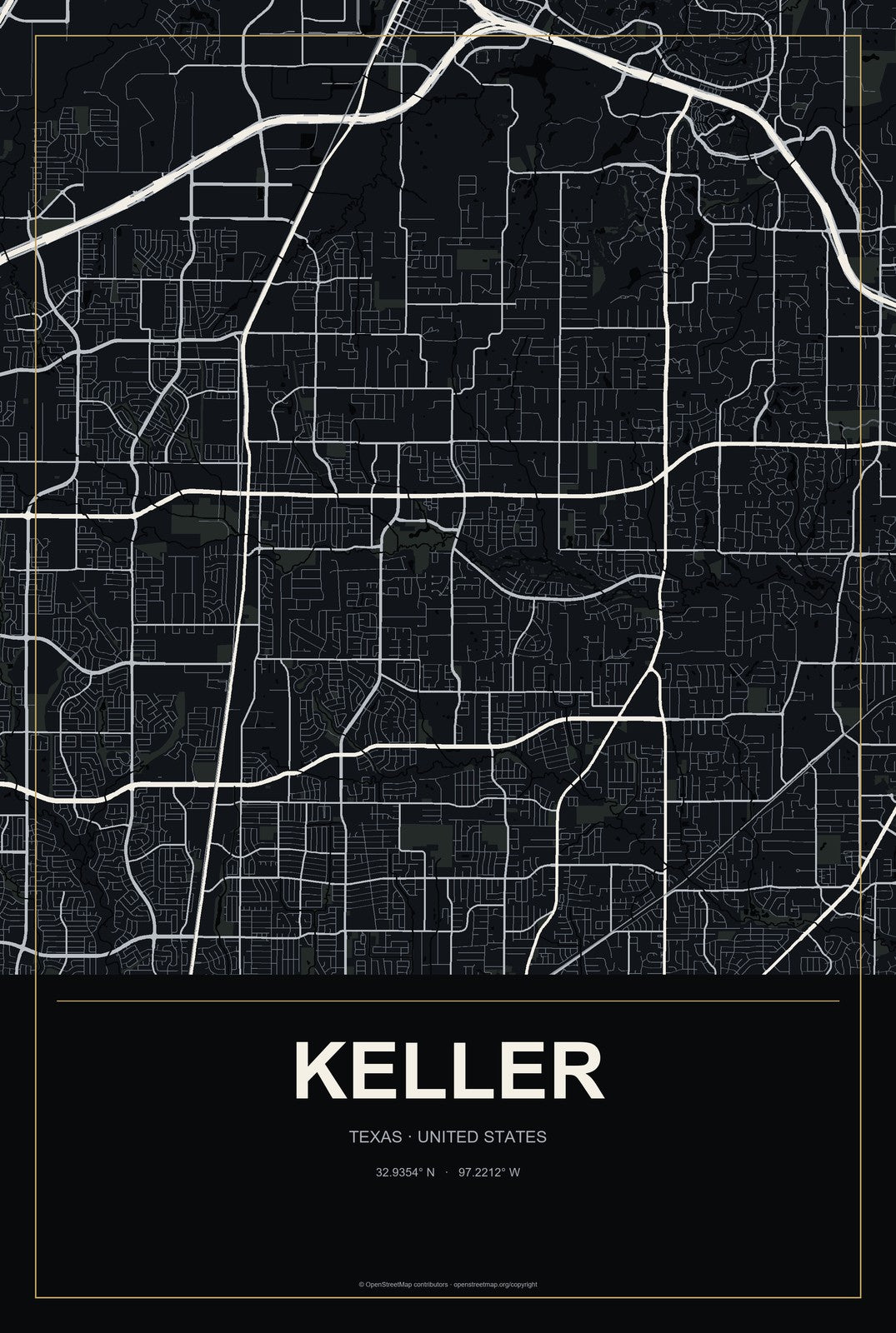 Keller, Texas City Map Aluminum Sign in Metropolitan Noir style
