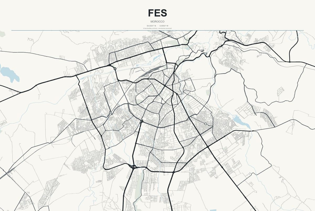Fes, Morocco City Map Aluminum Sign in Headline Atlas style