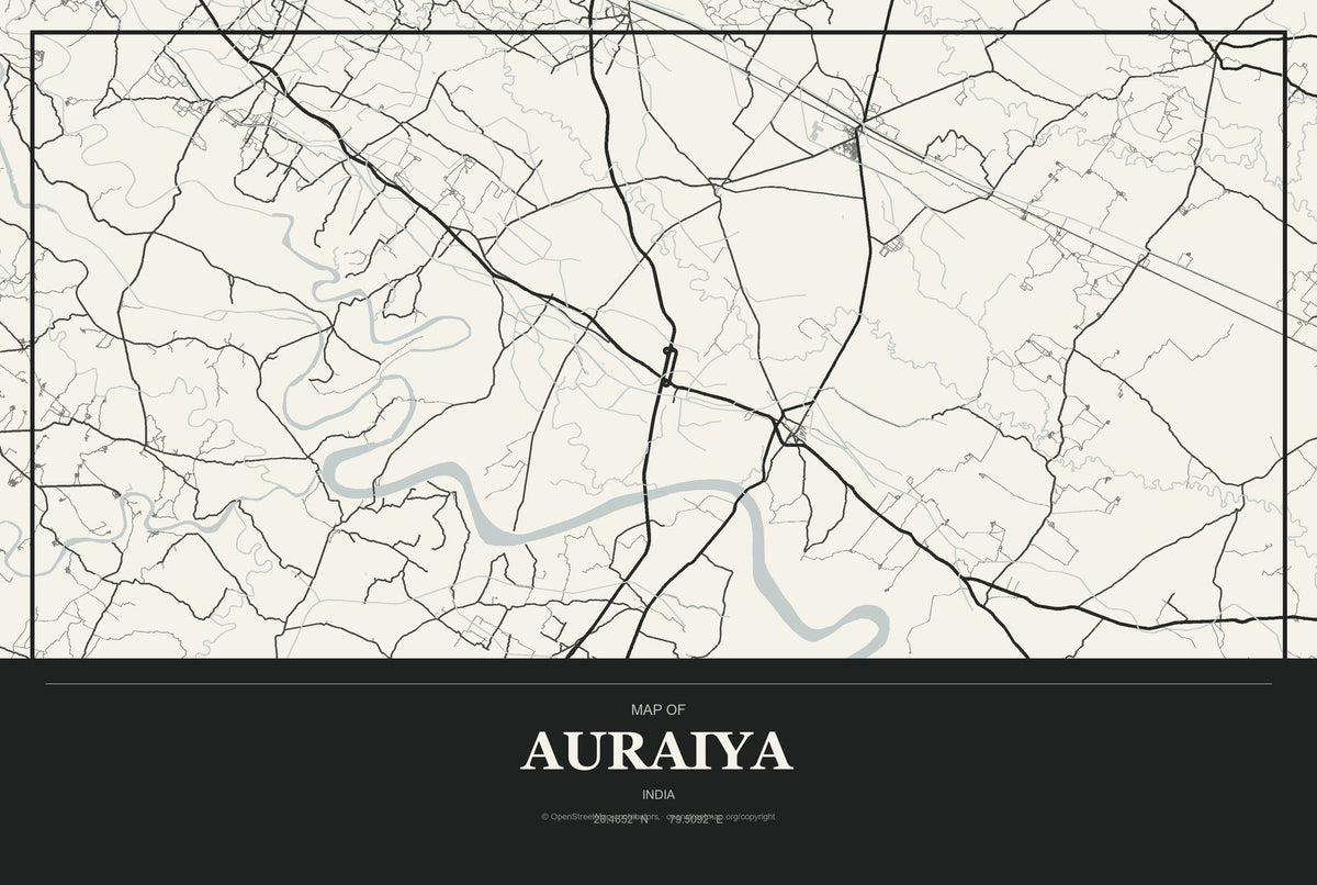 Auraiya, India City Map Aluminum Sign in Museum Plaque style